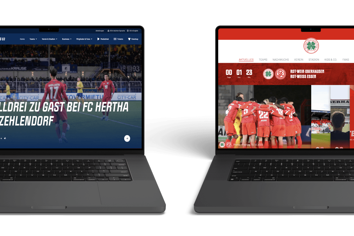 Websites von Rot-Weiß Oberhausen und SV Babelsberg 03 auf zwei Laptops, umgesetzt mit ClubShare