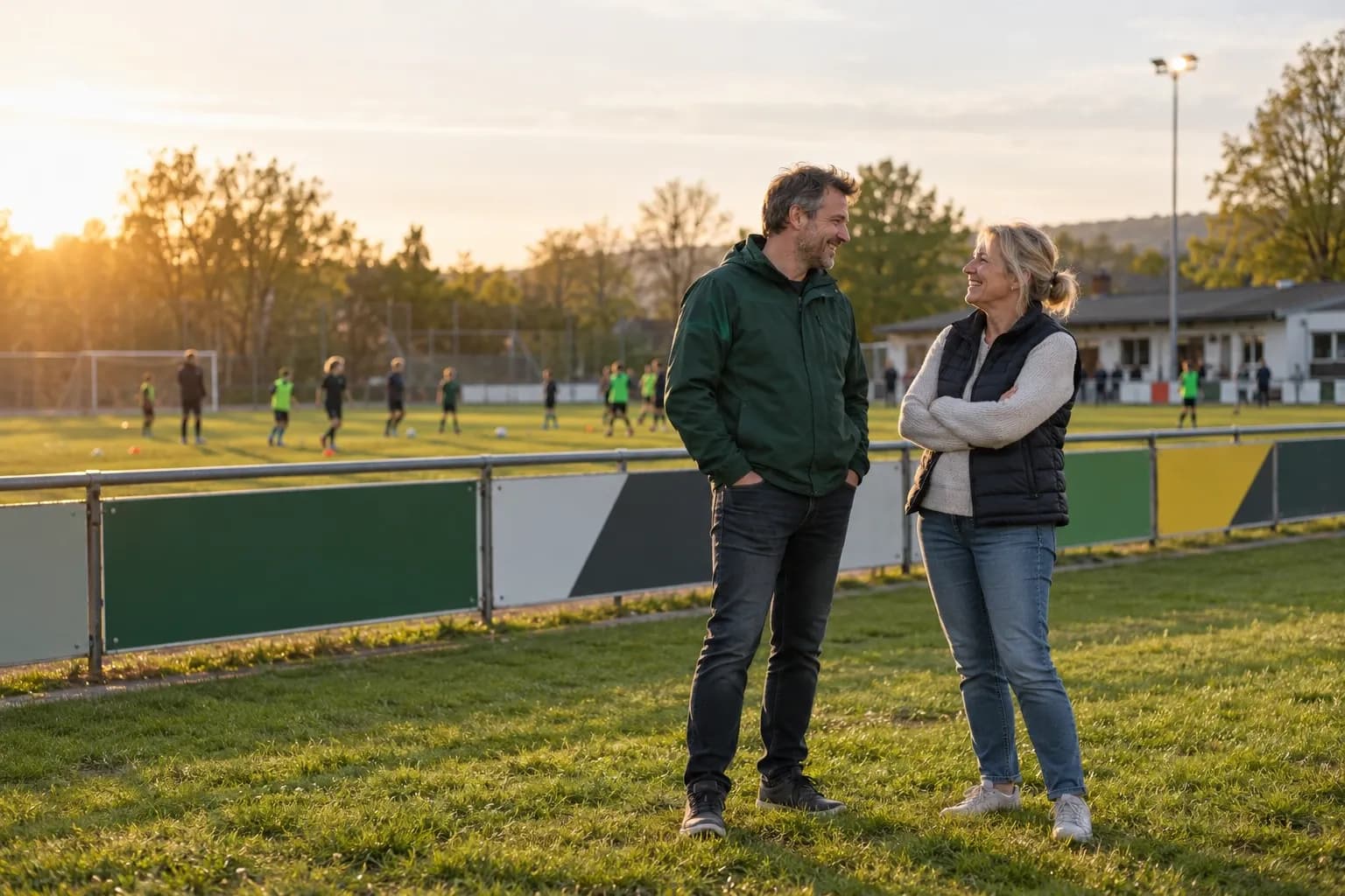 Vereinsvertreter und Unternehmerin im Gespräch am Spielfeldrand eines Amateurplatzes, im Hintergrund Jugendtraining