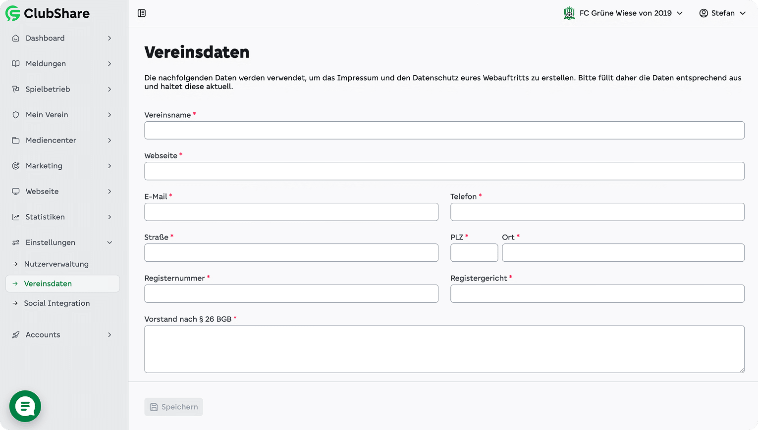 Die Angaben findet ihr im Backend unter: Einstellungen → Vereinsdaten. Dort könnt ihr alle Informationen eintragen, die für Impressum und Datenschutz benötigt werden.