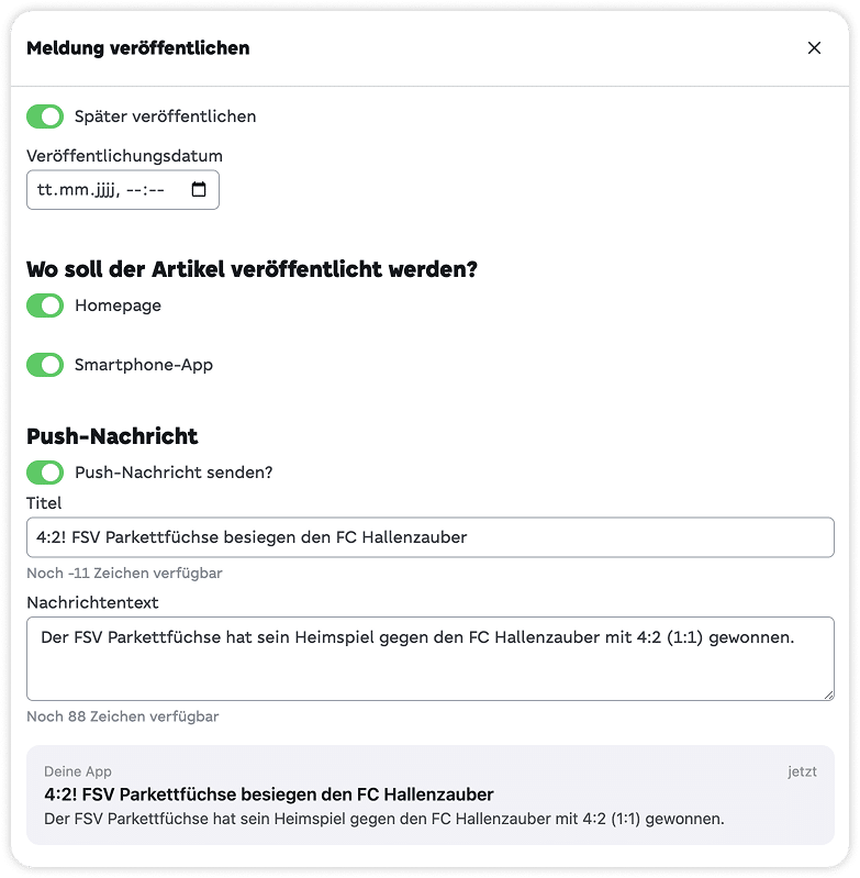 Fenster zum Veröffentlichen von Meldungen für die Website und die App