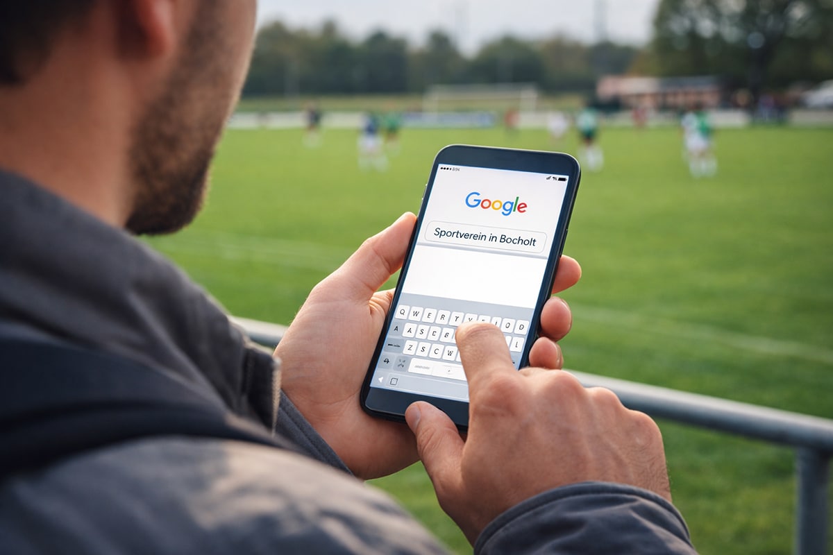 Person steht am Rand eines Fußballplatzes und sucht auf dem Smartphone nach einem Sportverein