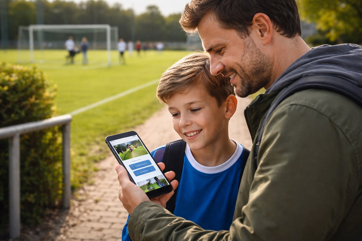 Elternteil und Kind stehen am Rand eines Fußballplatzes und schauen gemeinsam auf ein Smartphone mit geöffneter Vereinswebsite.