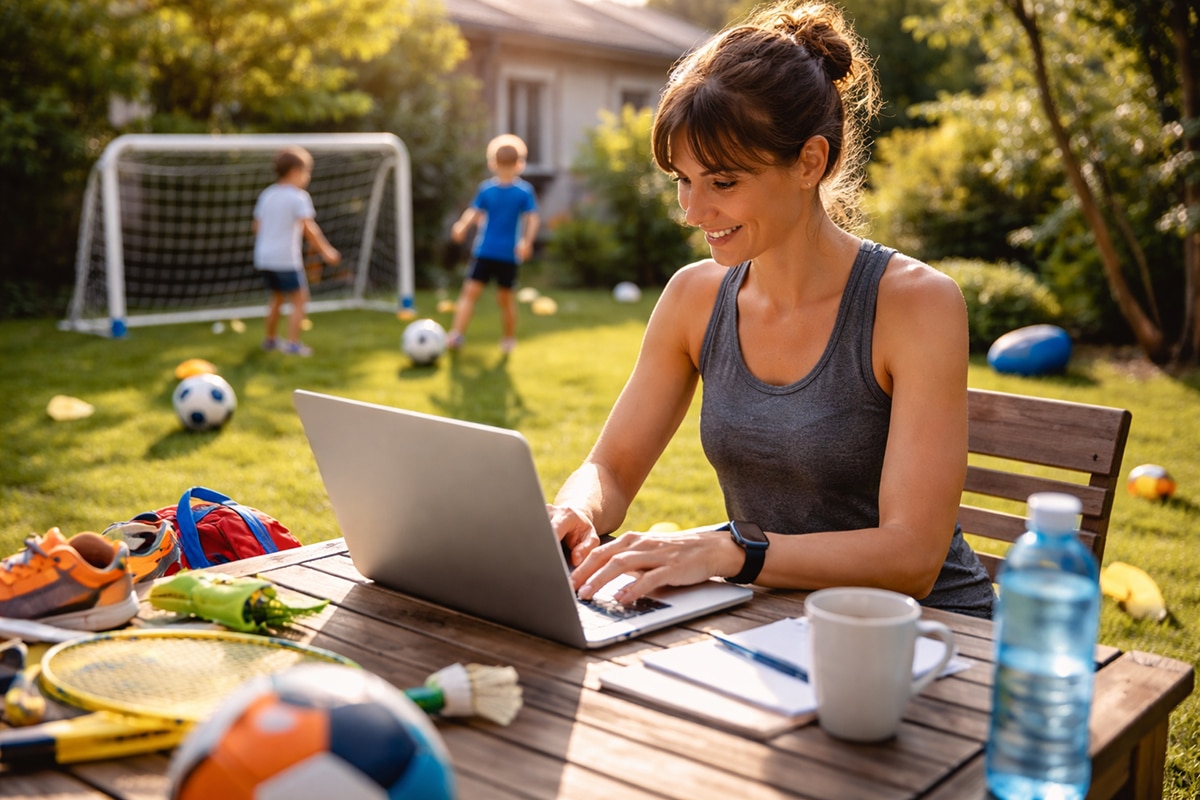 Sportliche Person sitzt im Garten vor einem Laptop, während im Hintergrund Kinder spielen und Sportgeräte auf dem Tisch und im Garten verteilt sind.