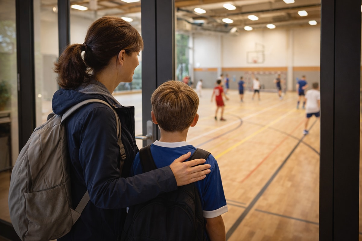 Mutter steht mit Kind vor einer Sporthalle und schaut auf ein laufendes Handballtraining im Innenbereich.