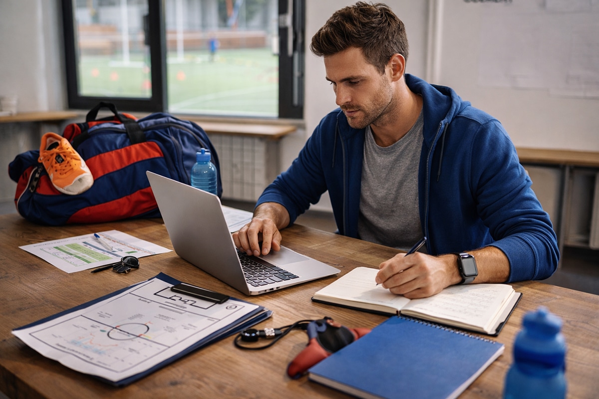 Ehrenamtliche Person sitzt an einem Tisch mit Laptop, Notizbuch und Vereinsunterlagen, umgeben von Sporttasche, Trinkflasche und weiterem Sportequipment.