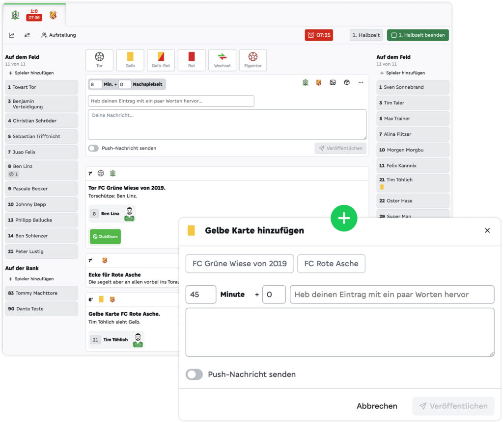 Dashboard von ClubShare zum Bedienen des Livetickers