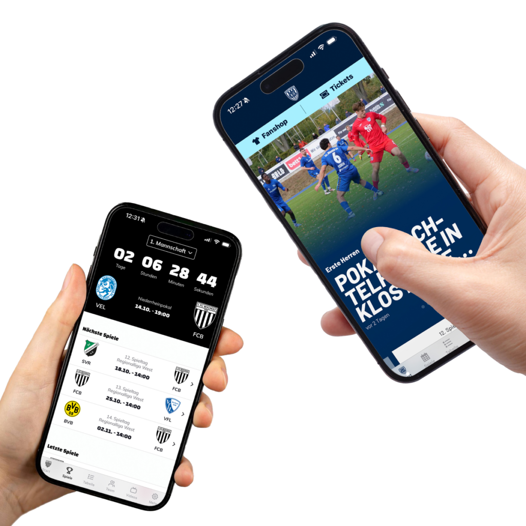 Von der Anmeldung zur fertigen Vereins-App – ClubShare App-Screens mit Liveticker, Kader und Spielplan
