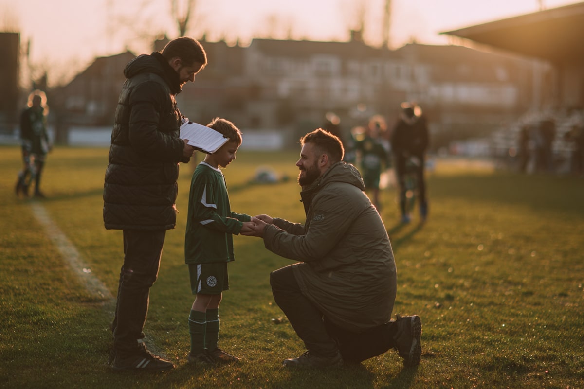 Fußballtrainer begrüßt neues Vereinsmitglied am Spielfeldrand, Elternteil mit Anmeldeformular daneben – Mitgliedergewinnung im Sportverein